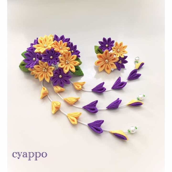 つまみ細工 華かんざし　《紫山吹》